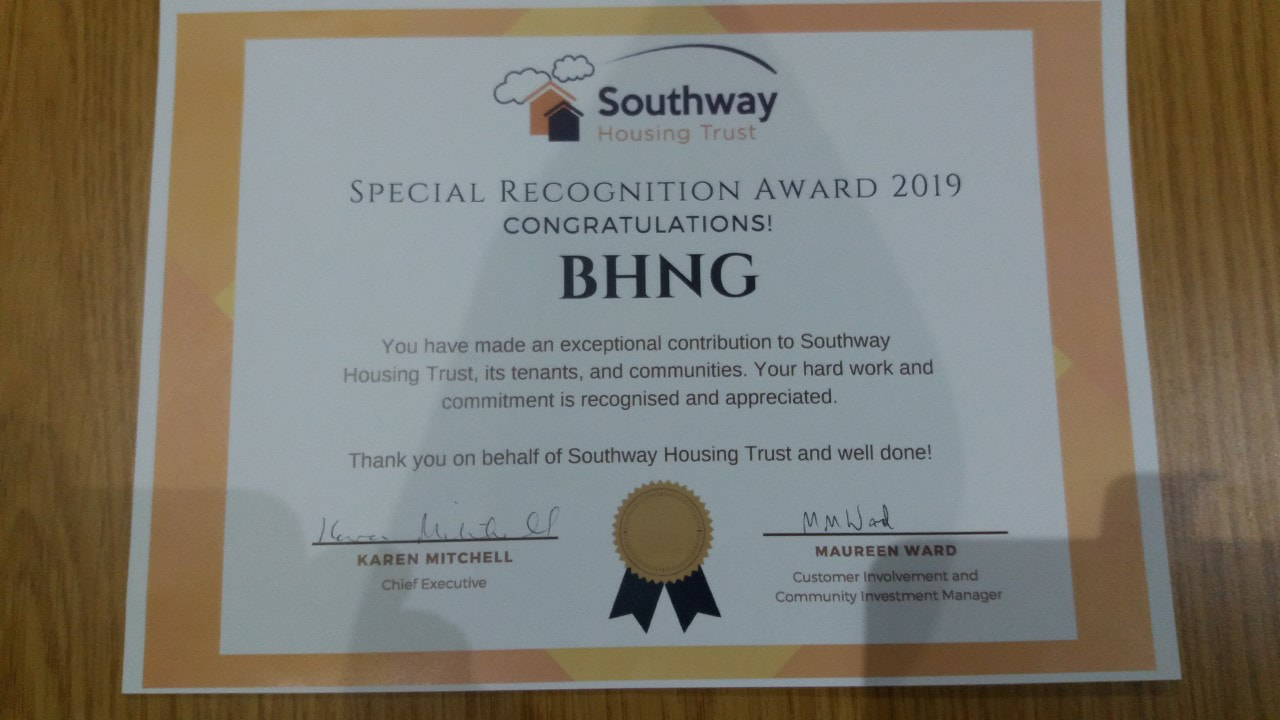 BHNG award recognition from Southway Housing Trust